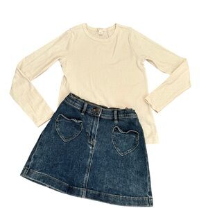 Crewcuts Long Sleeve Tee with hearts pocket Jean skirt